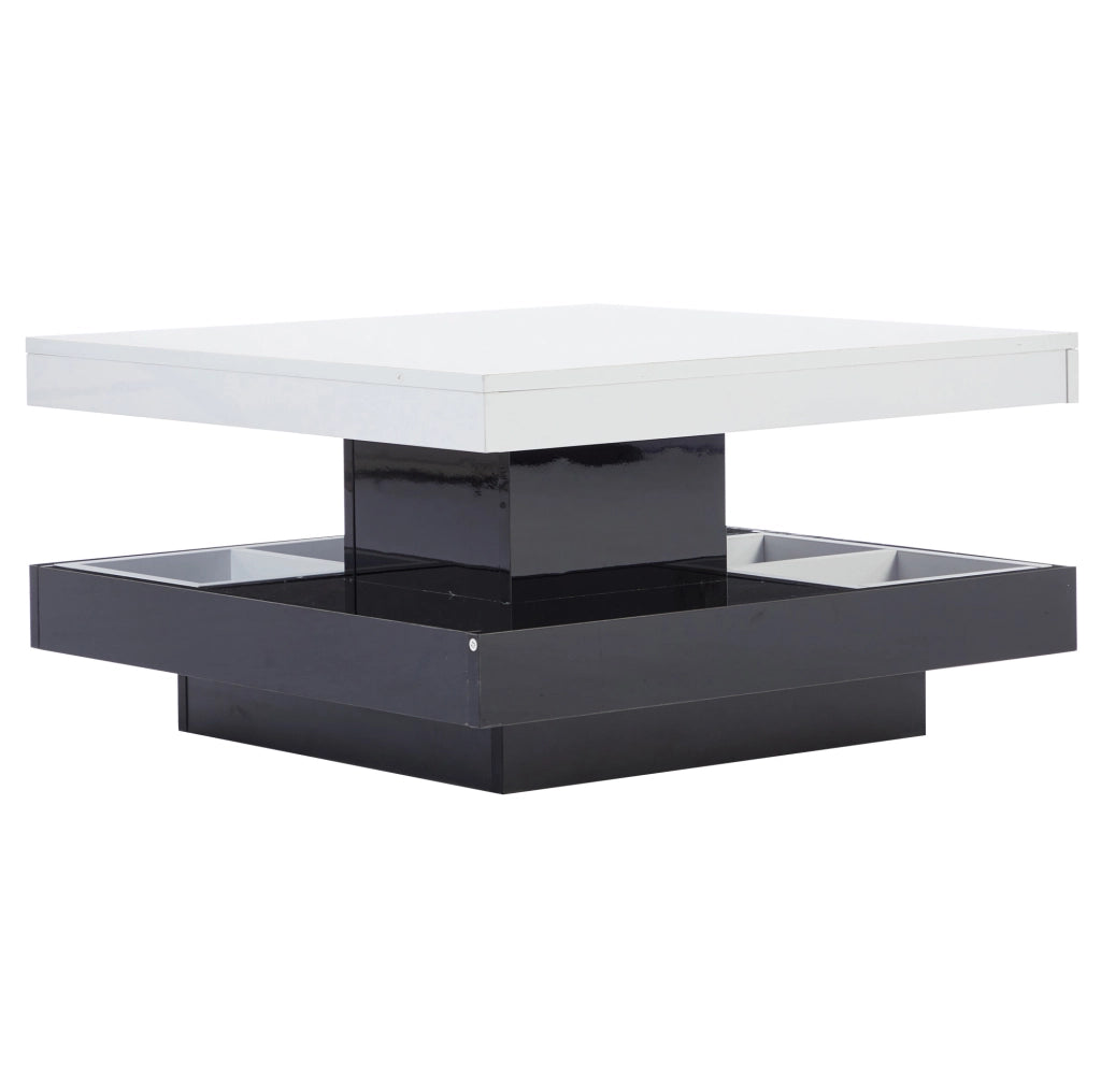 Tavolino da salotto girevole 360° 70x70x36 cm in truciolare bianco e nero; con vano portaoggetti