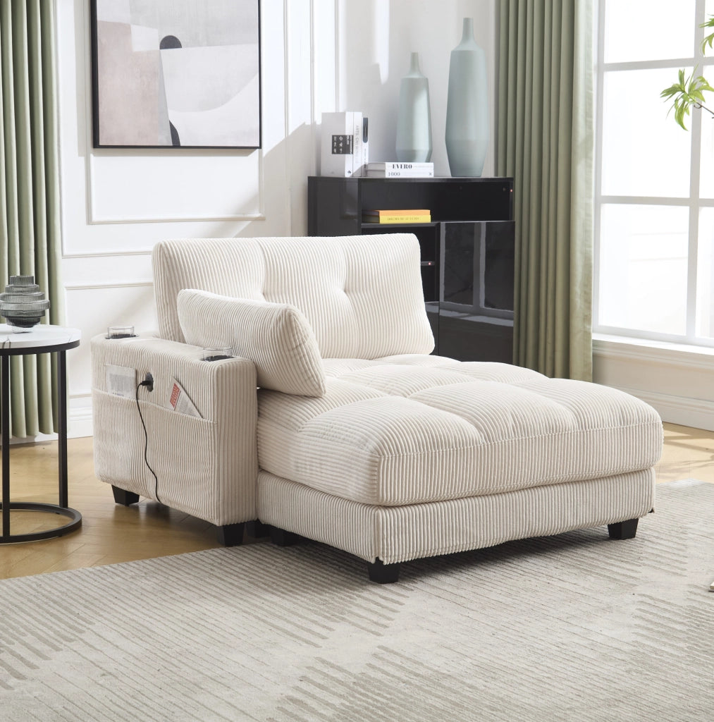 Poltrona relax 140x112x81 cm in tessuto beige con portabicchieri e tasca laterale