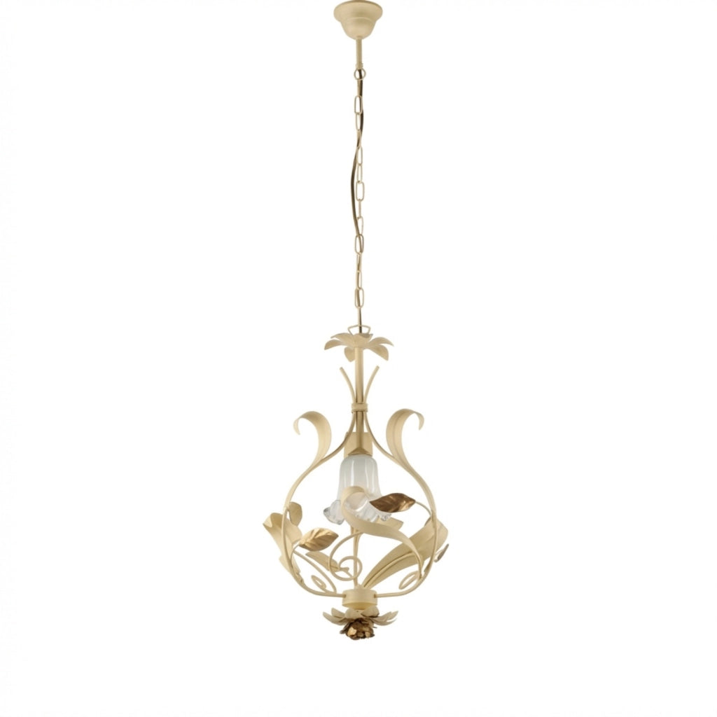 Lampadario Arte Povera Cesto Metallo Avorio E Oro 1 Luce E14