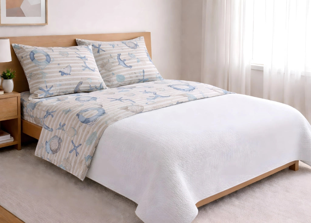 Completo Lenzuola Letto In 100% Cotone Made Italy Disegno Mare - Singolo - Beige