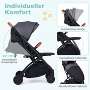 Foldable stroller with rain cover & adjustable backrest & footrest, travel buggy, grey