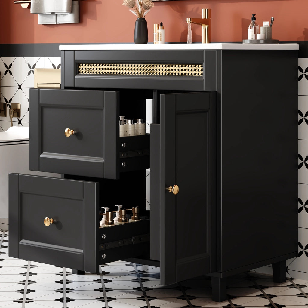 Mobile sottolavabo da bagno con lavabo in ceramica, 2 cassetti e ante, gambe in legno, nero 76 × 46 × 86,5 cm