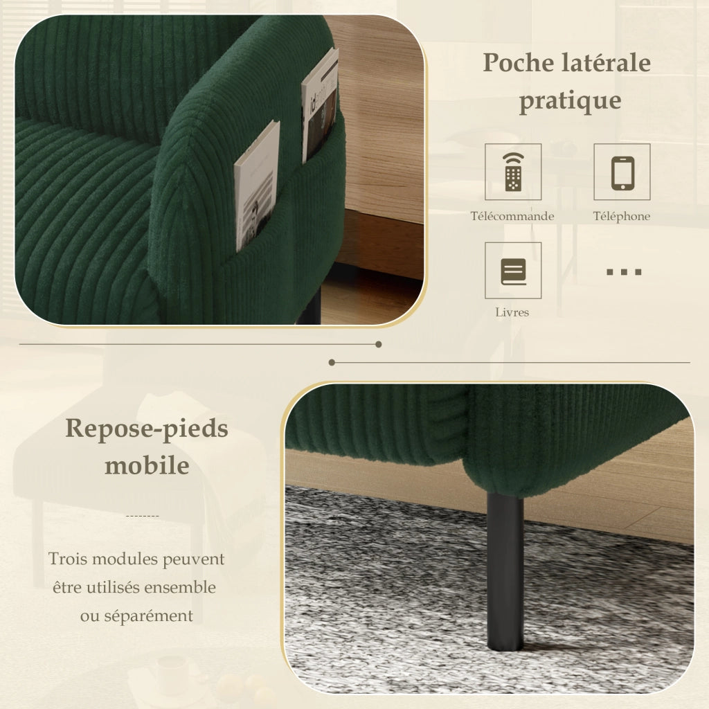 Poltrona 1 Posto con Tasca Laterale; Seduta Profonda e Schienale Ergonomico; Struttura in Metallo in Velluto a Coste Smeraldo