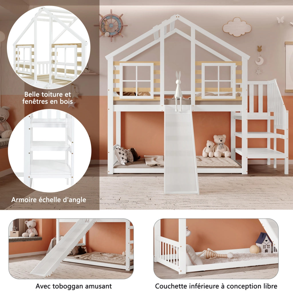 Letto a Castello 90x200 cm; Letto 2 Posti - Con Scala; Scivolo e Finestre - Bianco