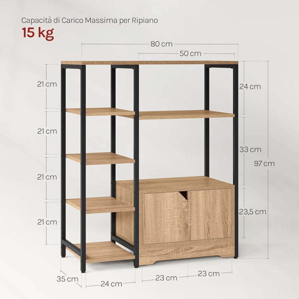 Scaffale Moderno con Ripiani e Armadietto, Scaffale Divisorio 80x35x97 cm, Stile Industriale, Struttura in Metallo, Nero + Rovere Chiaro, RGB08hei