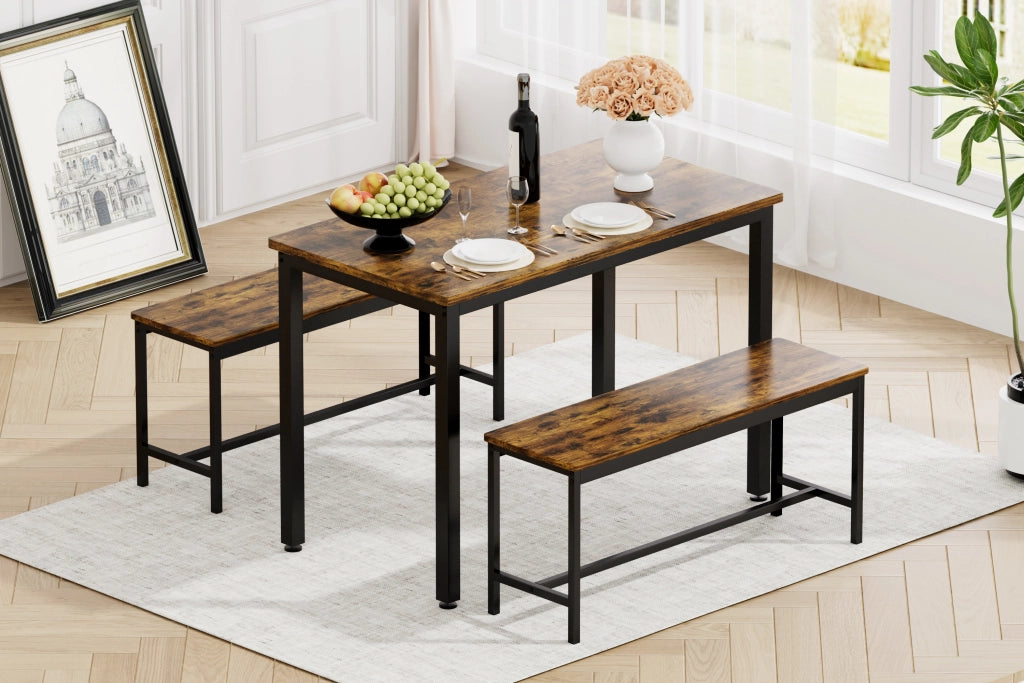 Tavolo da pranzo per 4 persone con 2 panche, stile industriale, per cucina e soggiorno, 110 × 60 × 75 cm