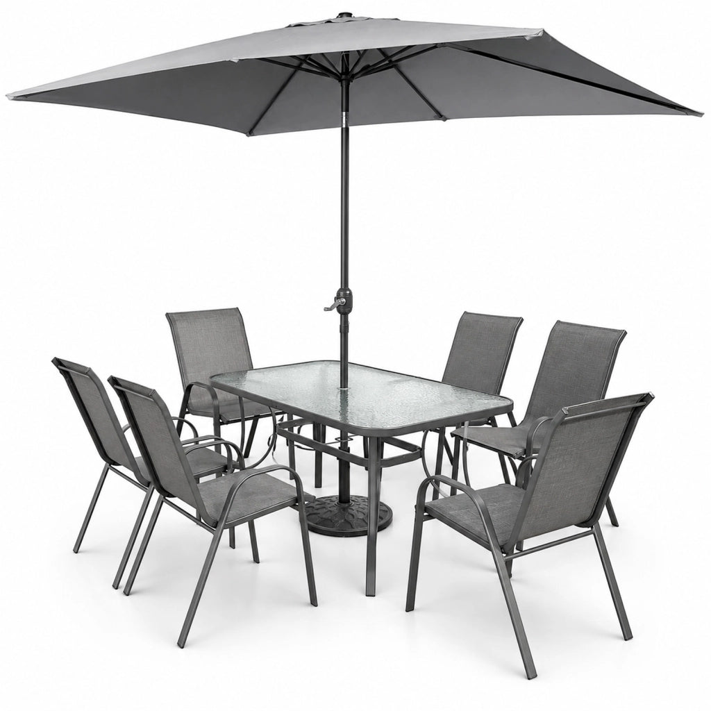 Set Da Esterno Giardino Con Tavolo In Vetro Temperato 6 Sedie E Ombrellone Rettangolare 2 X 3 Metri Per Terrazza Patio Piscina E Pranzi All' Aperto Arredo Outdoor 150 X 90 X 71 Cm Grigio