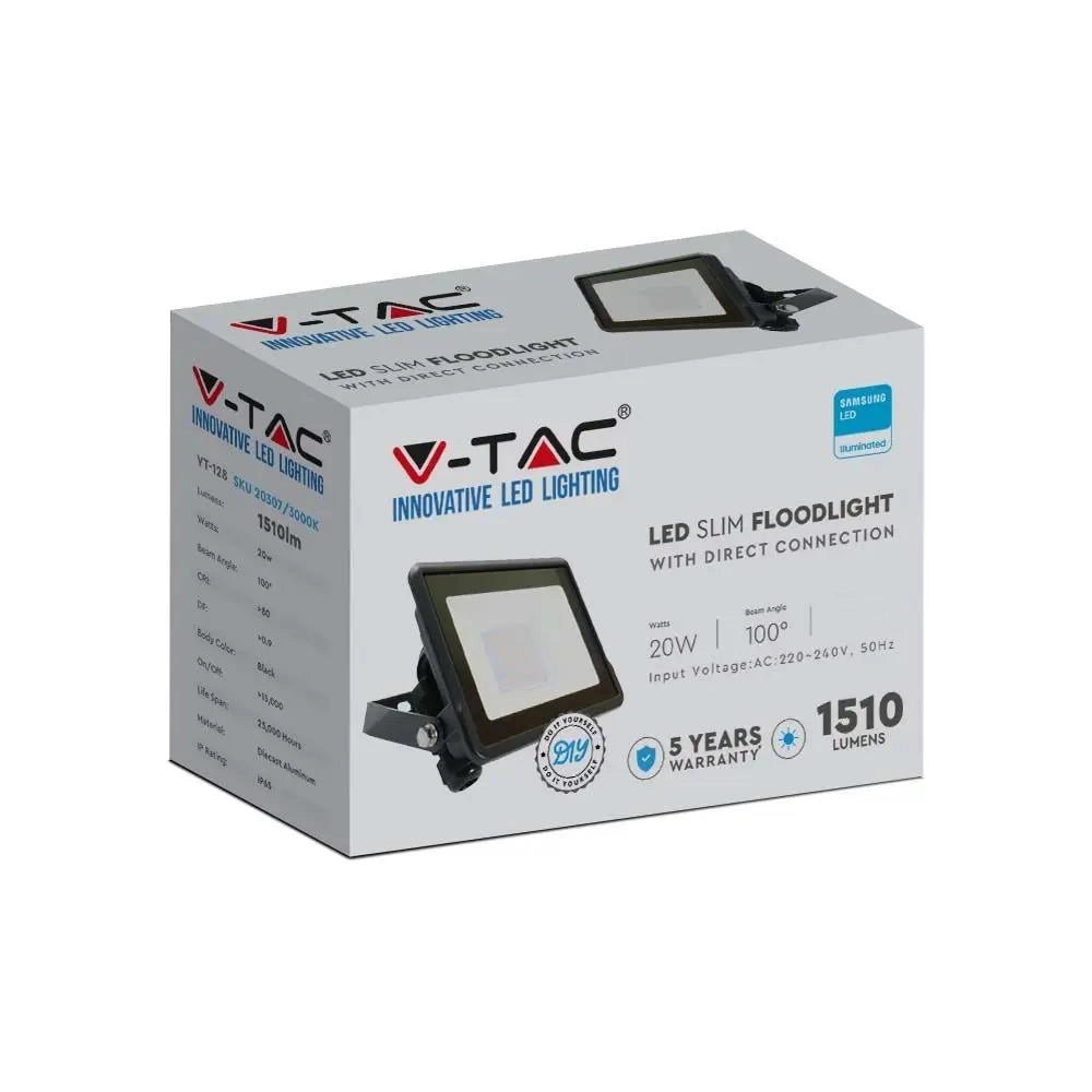 Faro LED V-TAC 20W chip Samsung nero 6400K 1510lm IP65