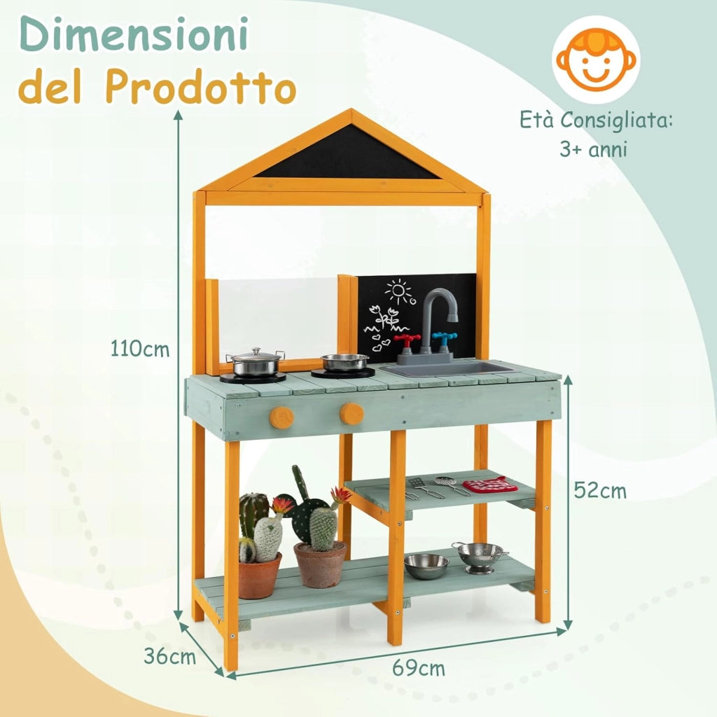 Cucina Giocattolo per Giardino con Vaso da Piantinaggio Trasparente, Rubinetto e Lavandino Rimovibile, Cucina in Legno di Abete per Bambini, Set Cucina con 8 Accessori (Verde e Arancio)
