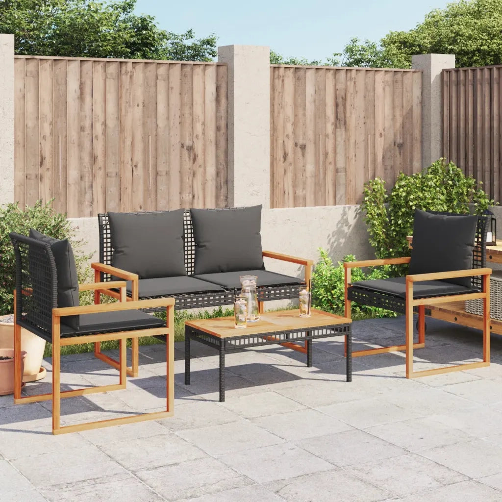 Set Divani da Giardino 4 pz | Set Salotto da Giardino con Cuscini Nero in Polyrattan