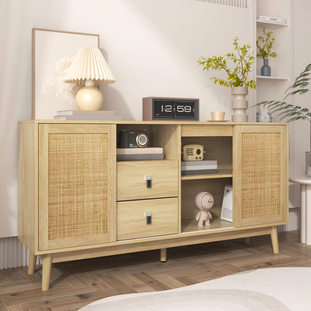 Credenza con 3 Ante Scorrevoli in Rattan; 2 Cassetti; Piedi in Legno Massello; Stile Naturale; in MDF; 155??38??80 cm; Legno