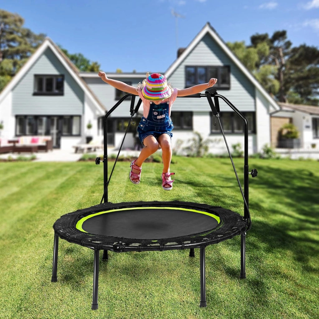 Trampolino Fitness Ø101 cm con Carico di 150 kg, Trampolino Elastico con 2 Fasce di Resistenza e Manico Regolabile in 4 Livelli, Mini Trampolino di Rimbalzo Pieghevole per Adulti e Bambini