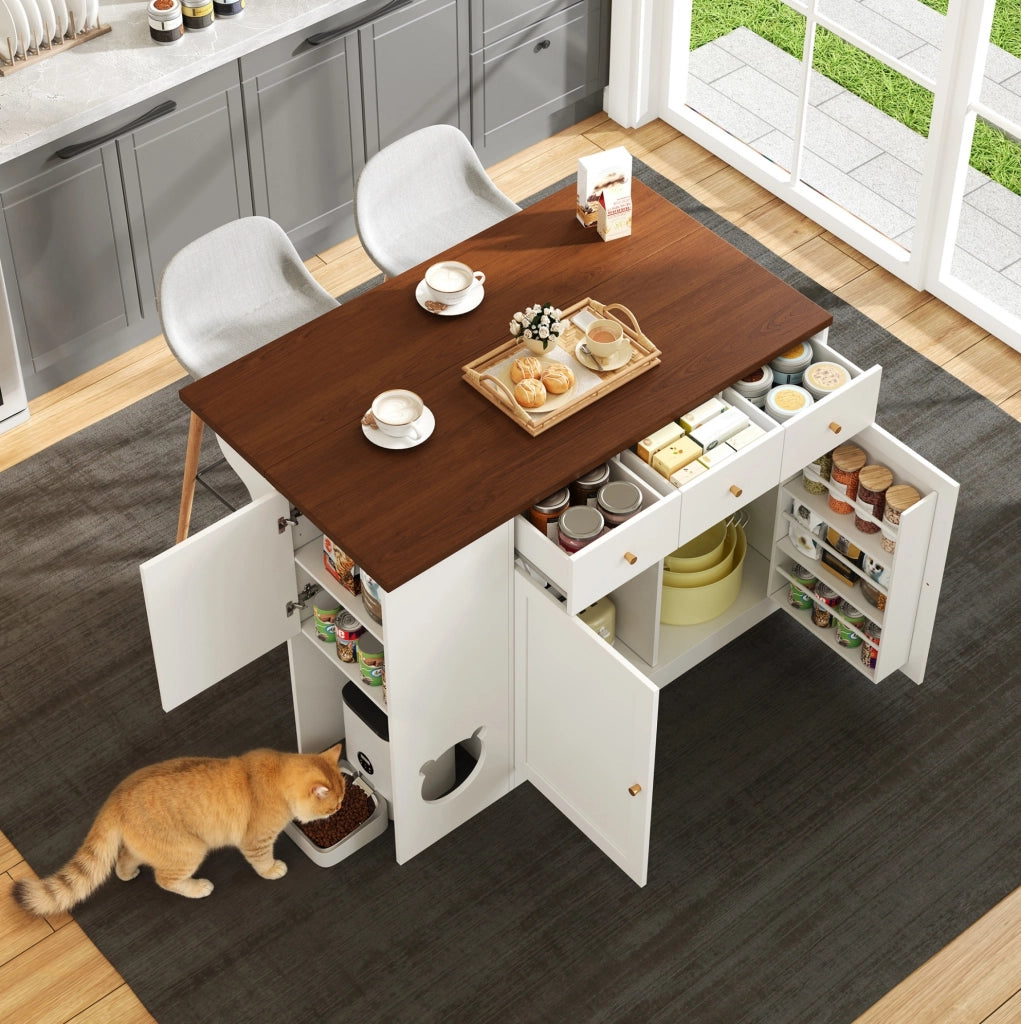 Isola da cucina 120x40x90 cm con piano estraibile e area per gatti in MDF bianco e noce