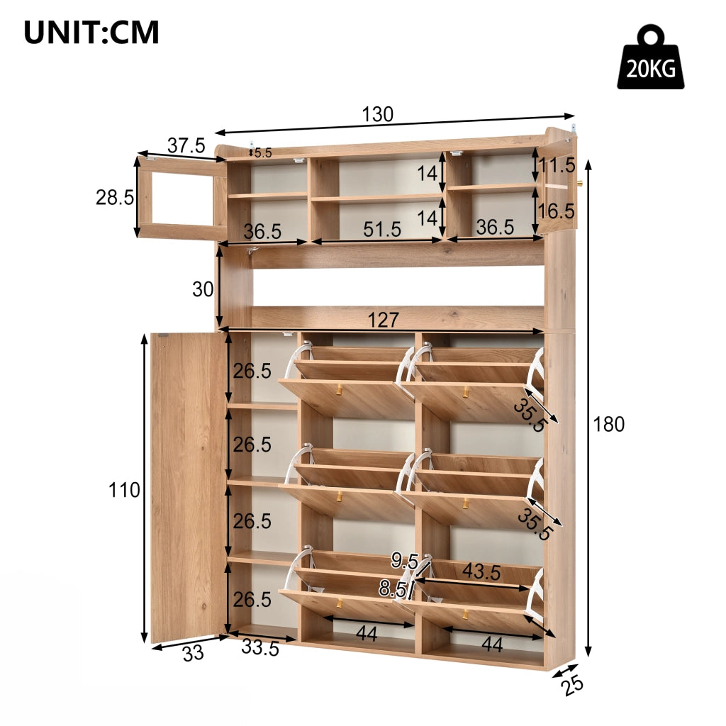 Scarpiera con 6 vani ribaltabili; 1 anta e LED - per ingresso - 130×25×85 cm