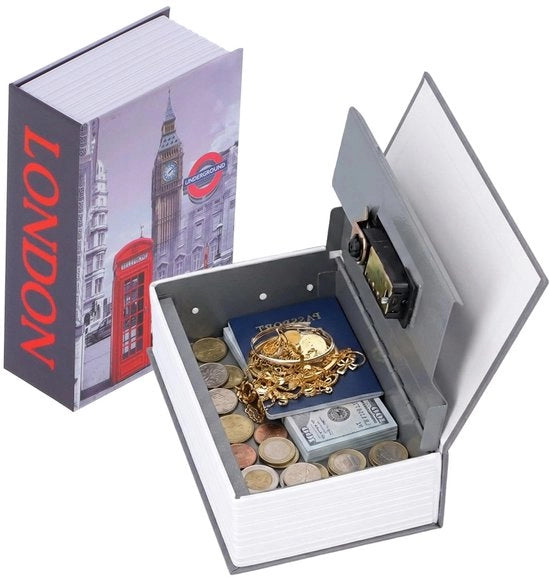 Cassaforte con Chiusura a Cifre - Dimensioni 18 x 12 x 5,5 cm - Cassa in Acciaio - Chiusura Segreta - Pagine Reali - Sicura per Denaro/Ornamenti - Cassaforte Segreta