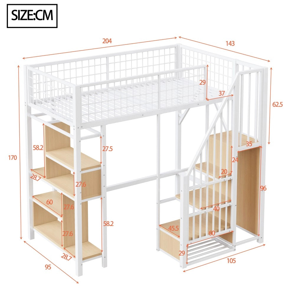 Letto a Soppalco Multifunzionale ¨C MINIMAL ¨C Metallo Bianco, Contenitore, Scaletta, 90x200