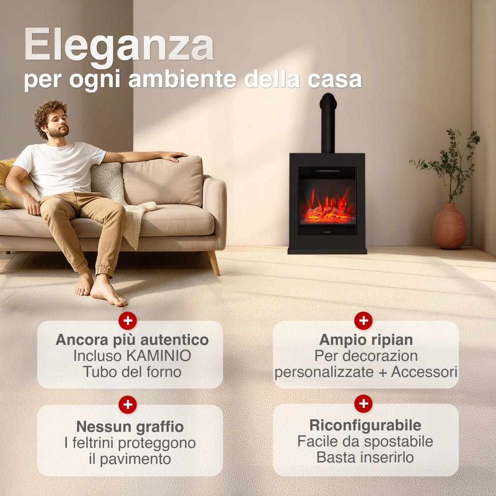 KAMINIO Camino elettrico KALLE con tubo del camino - Caminetto elettrico a pavimento con riscaldamento, effetto fiamma 3D, telecomando - Nero
