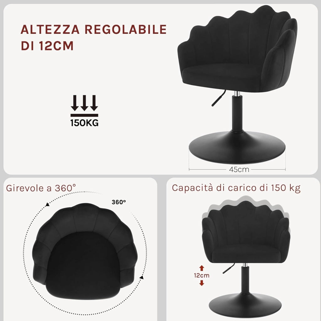 Sedia da Trucco, Poltrona Girevole in Velluto, Regolabile in Altezza per Camera da Letto, Soggiorno, Nero