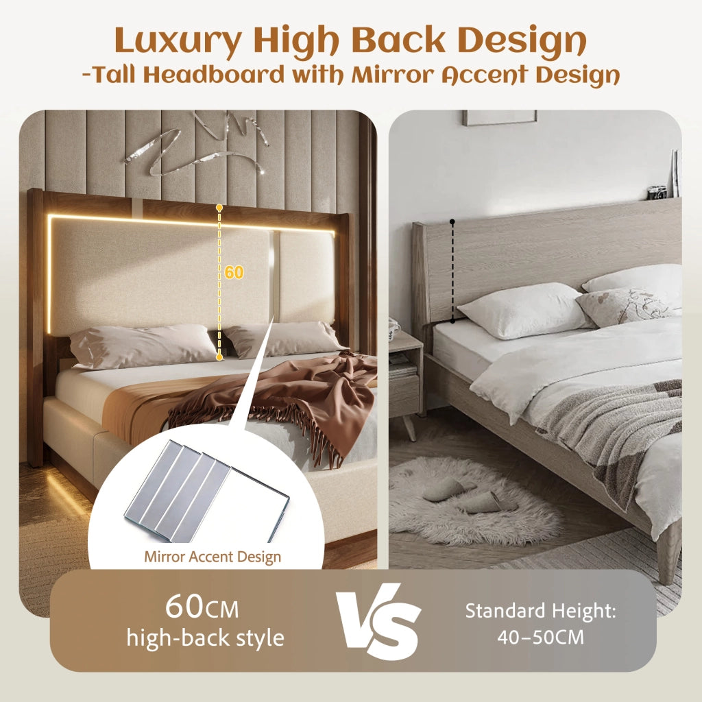 Letto matrimoniale 140 × 200 cm con LED e contenitore idraulico, senza materasso, in lino beige