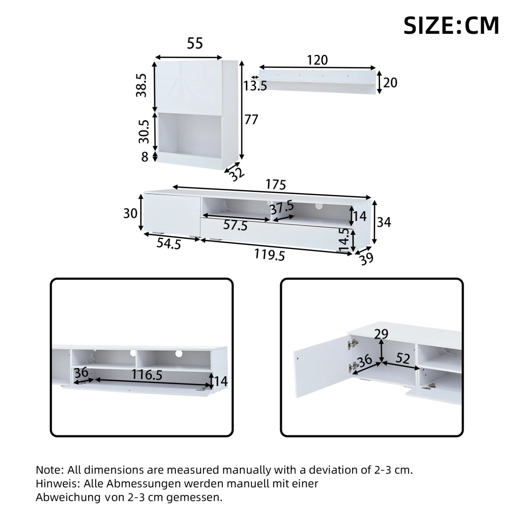 Mobile porta TV set con LED e finitura lucida con 3 ante e 2 vani aperti per soggiorno bianco 175 × 39 × 34 cm