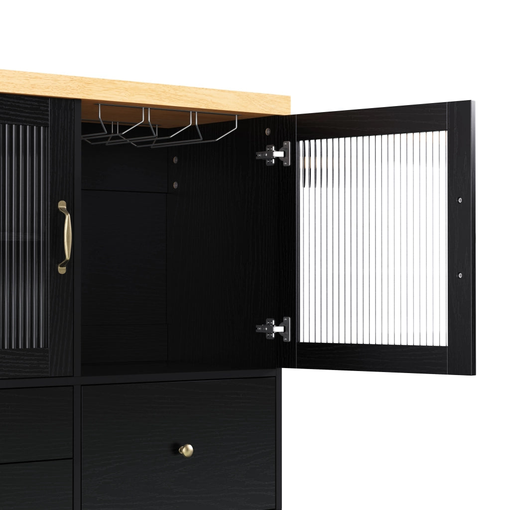 Mobile cucina con ruote e tavolo estraibile - Zephmum - Portabottiglie e spazio di archiviazione, nero