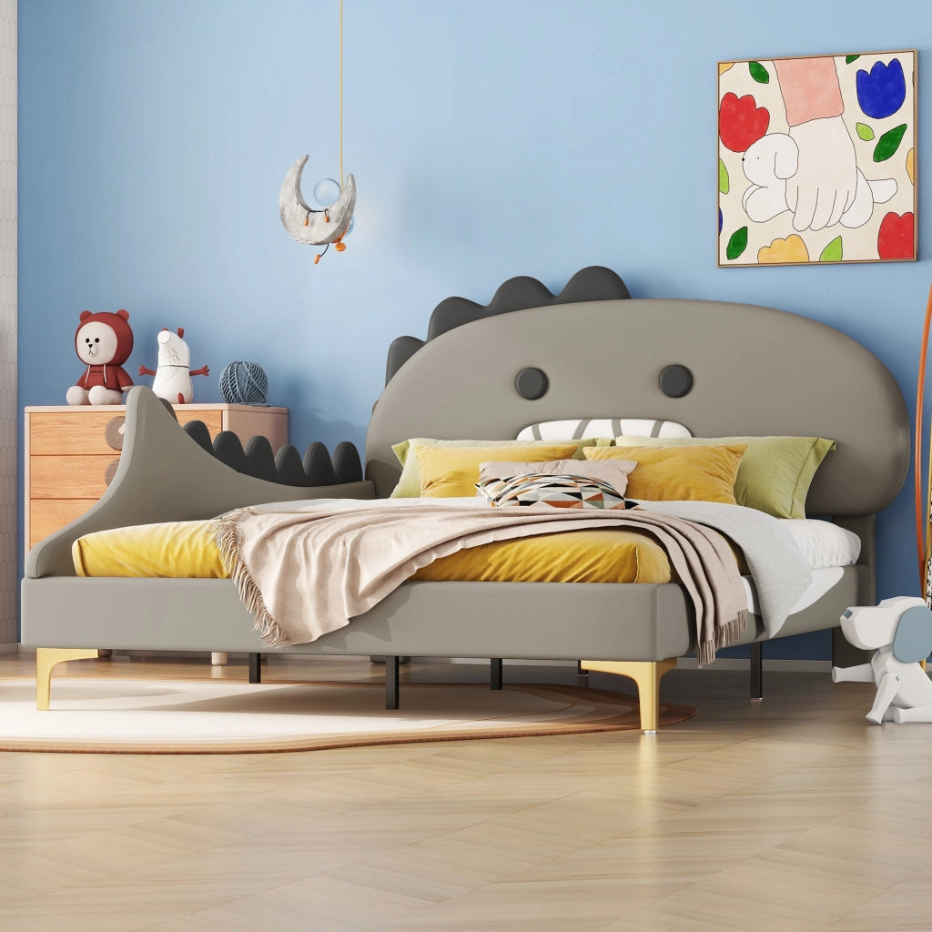 Letto basso per bambini grigio con testiera a forma di dinosauro in PU 140x200 cm
