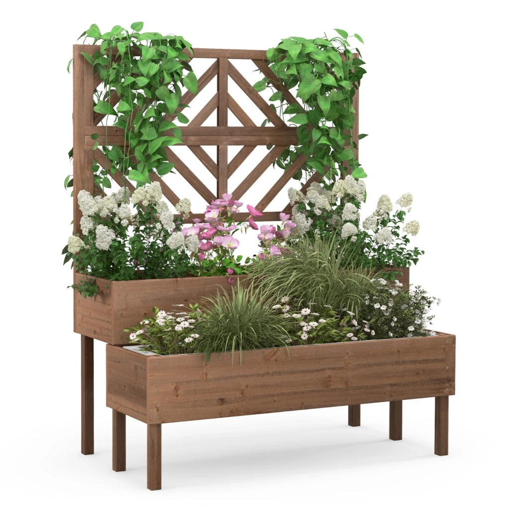 Cassetta da giardino rialzata a 2 livelli con trellis foro di drenaggio, Contenitore per piante da patio Marrone-Fioriere