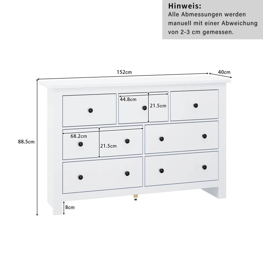 Credenza 152x40x88.5 cm con 7 cassetti e guide scorrevoli; in truciolare bianco