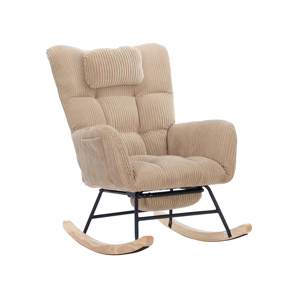 Poltrona a Dondolo in Velluto a Coste Marrone 102x65x92 cm con Poggiagambe e Cuscino Cervicale