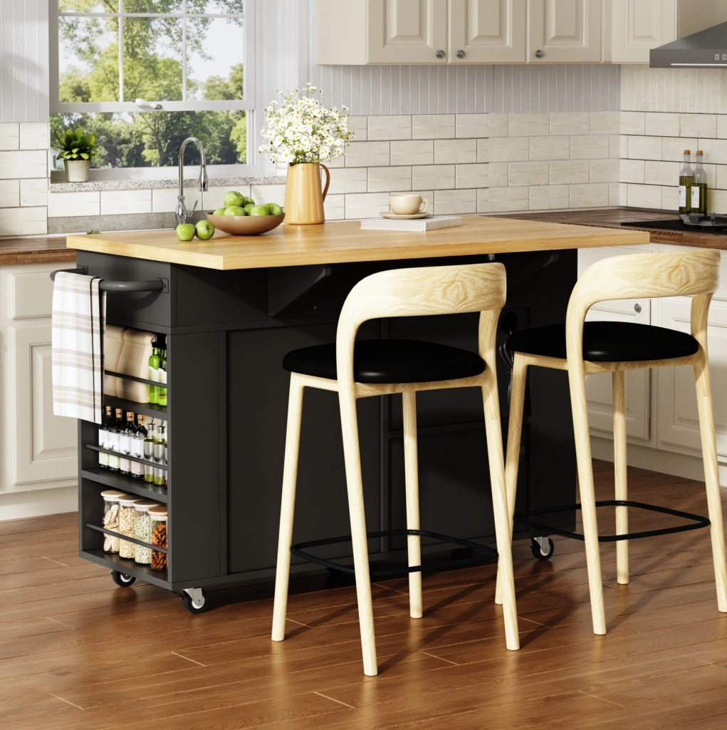 Isola cucina con piano ribaltabile 120x45(70)x84 cm in MDF naturale e nero; con ruote