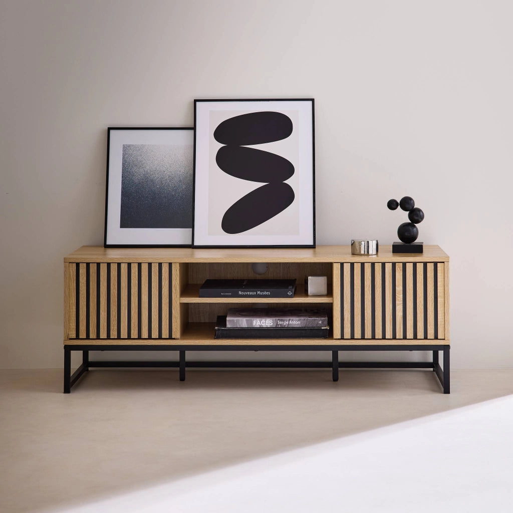 Mobile tv a 2 ante in legno scanalato e metallo nero, 120cm, marrone