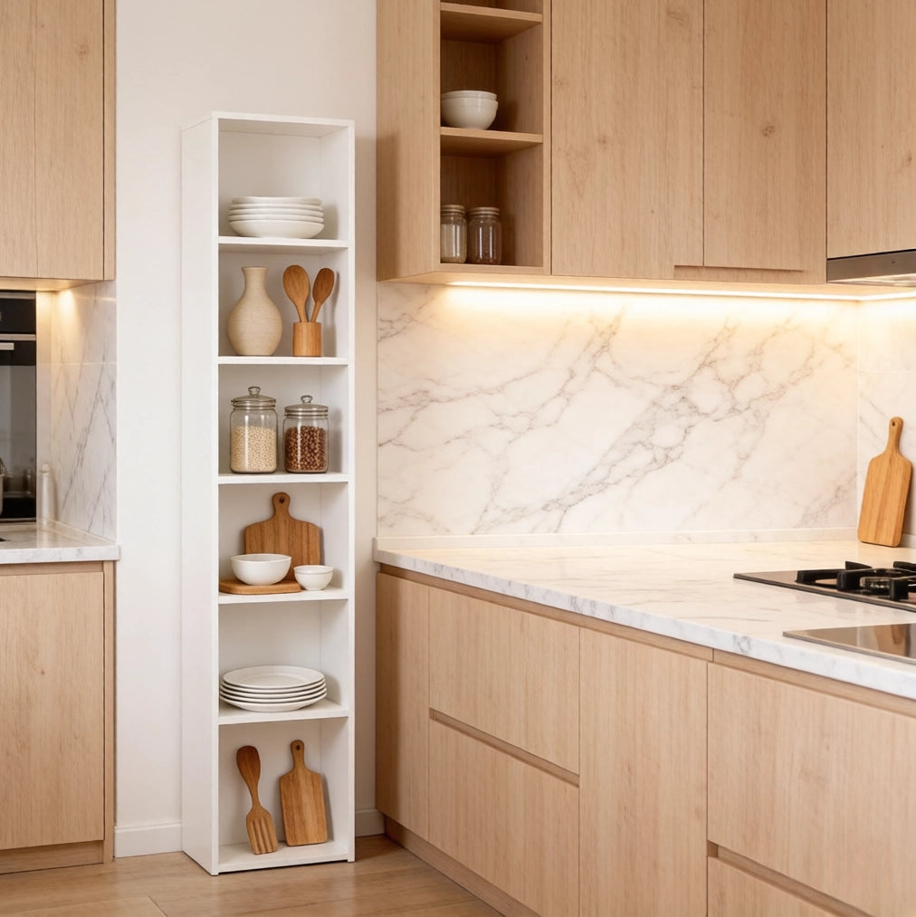 Libreria 30x24x158,4 cm bianca in MDF con 6 vani portaoggetti