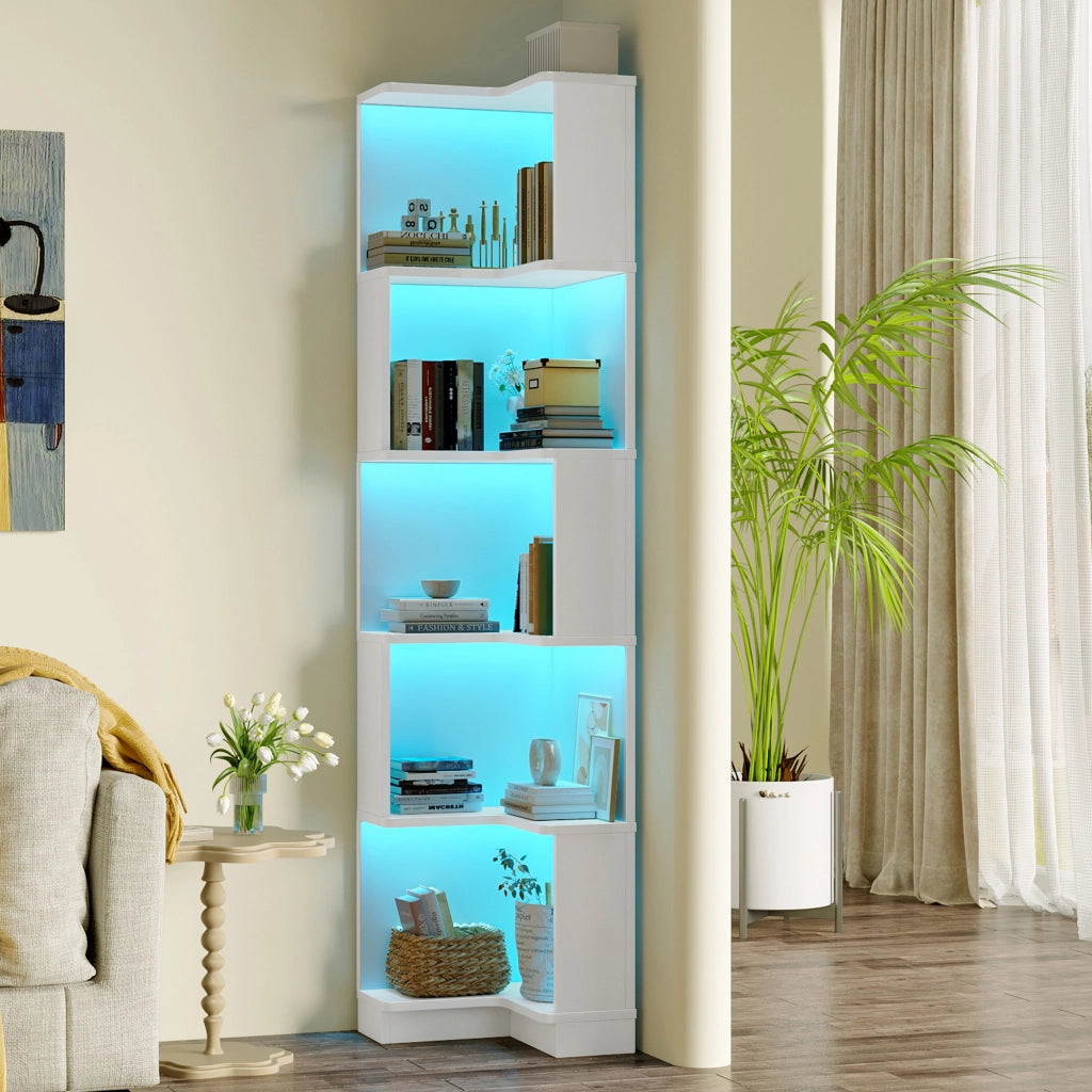Libreria angolare a L con illuminazione LED, 63,5 x 45 x 175 cm, 5 ripiani, bianca