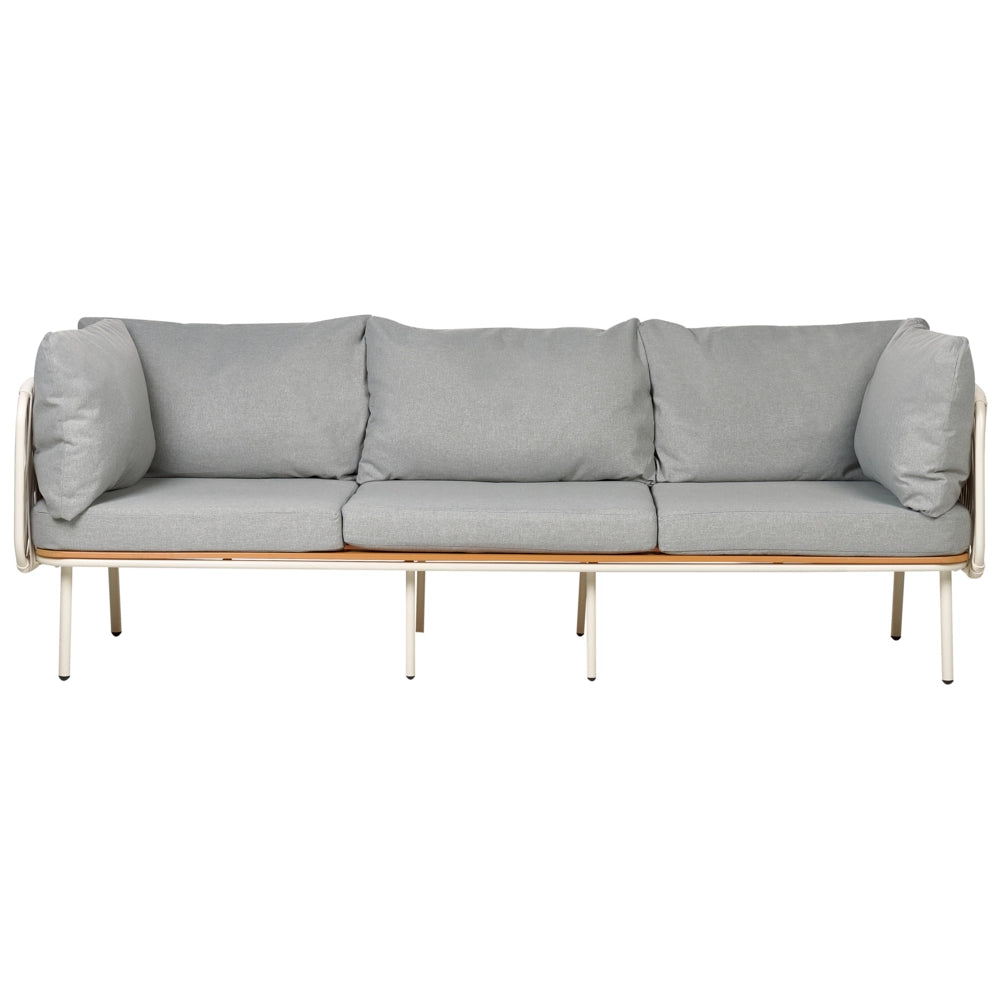Divano da giardino a 3 posti con struttura in metallo e schienale in corda con cuscini grigio stile elegante