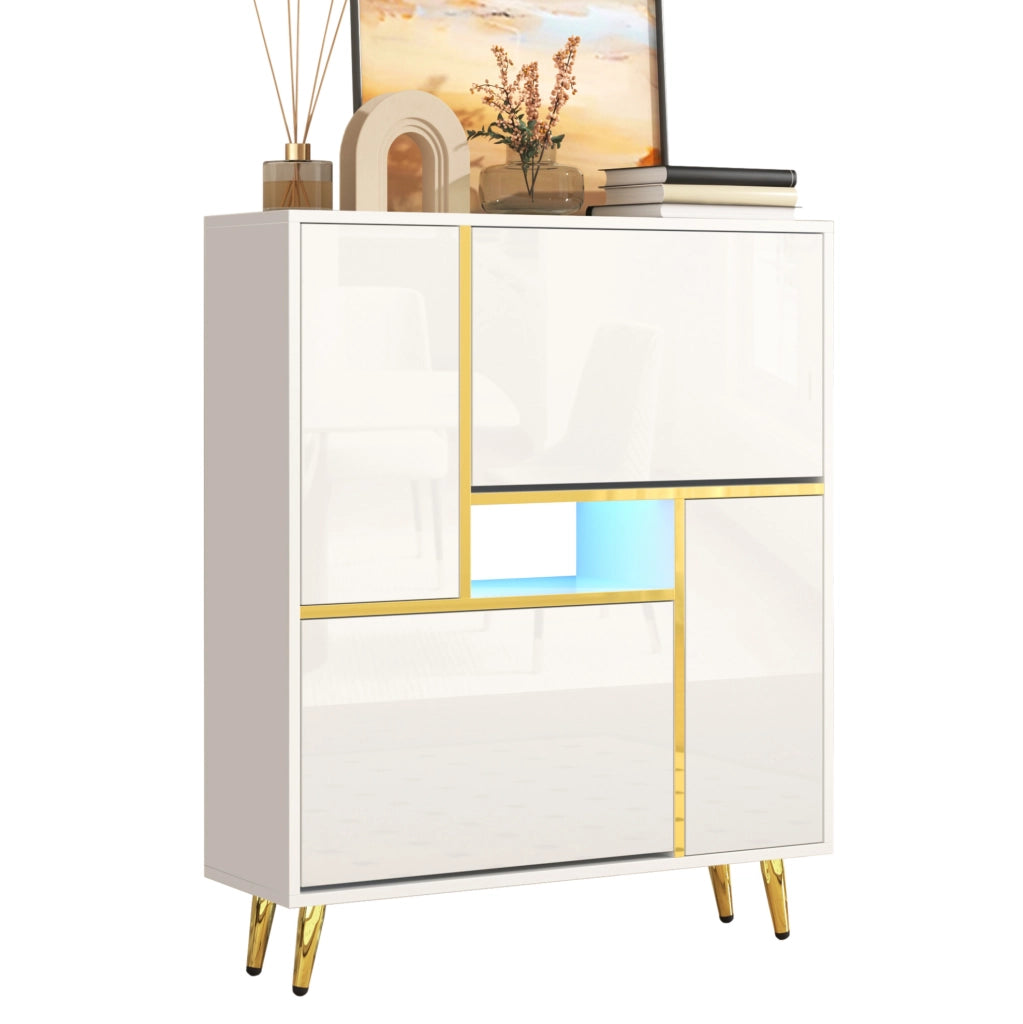 Mobile portascarpe bianco 80x25x96 cm con frontale lucido; LED 16 colori e ripiani regolabili