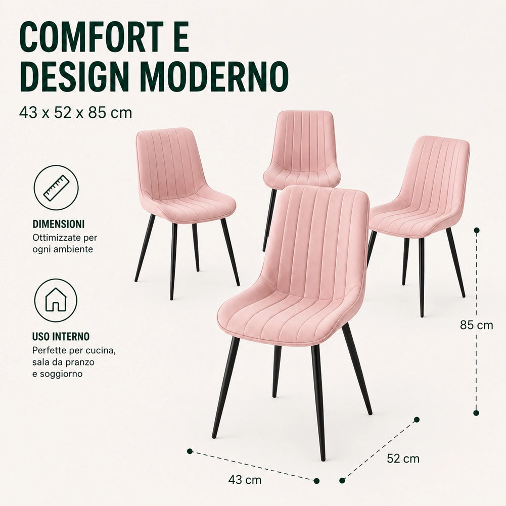 Set 4 Sedie da Pranzo Rosa in Velluto Seduta Ergonomica e Struttura in Acciaio