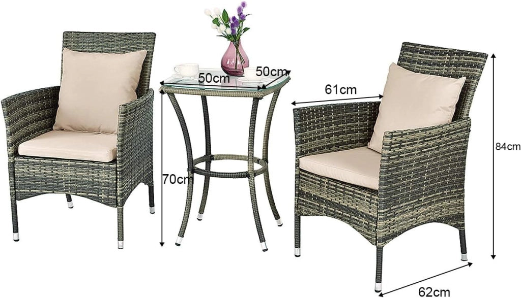3 Pezzi Set Mobili da Giardino, Set da Esterno con Cuscini 2 Sedie e 1 Tavolino con Piano in Vetro, in Rattan PE, Ideale per Balcone Terrazza Giadino, Grigio