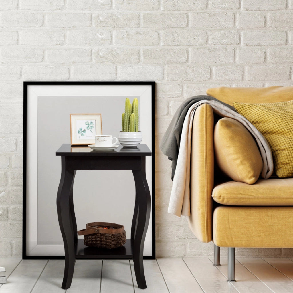Set 2 Tavolini con gambe curve ripiani aperti a 2 livelli piedini antiscivolo-Tavolini laterali da soggiorno Marrone