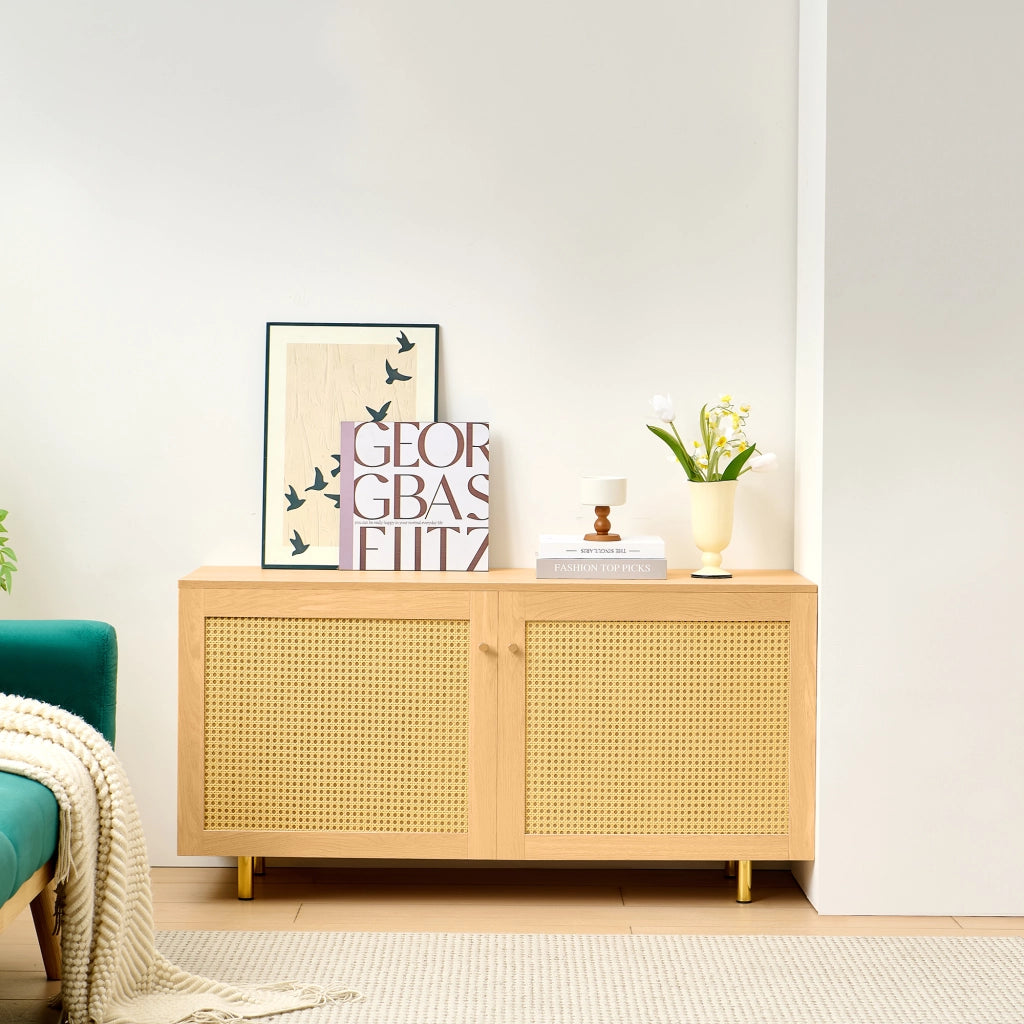 Mobile contenitore a 2 ante con ante in rattan intrecciato, struttura in MDF e piedini in metallo, finitura naturale 120×40×63 cm