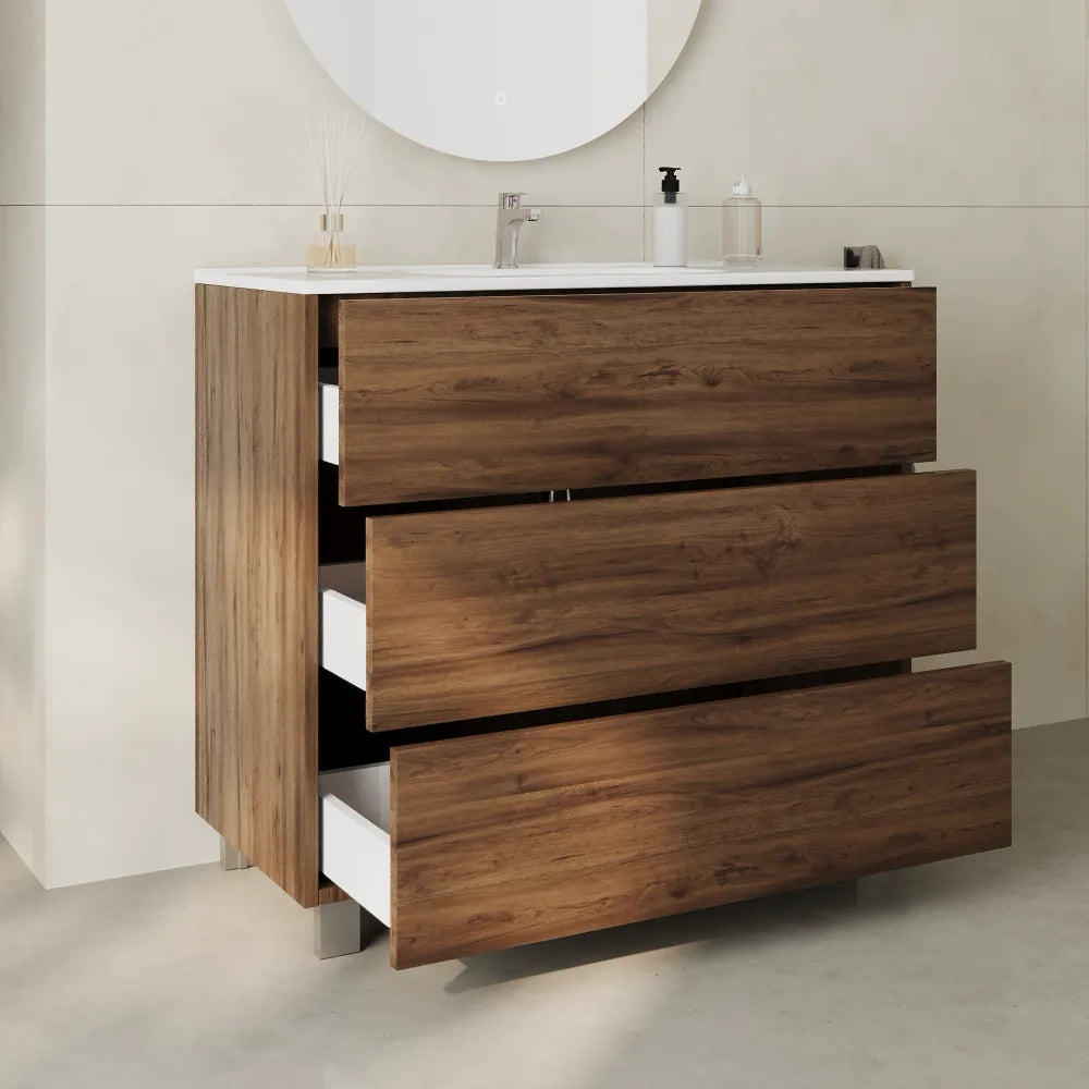 Mobile bagno a terra 100cm  tre cassetti push&pull rovere barok con lavabo bianco lucido | Yaku