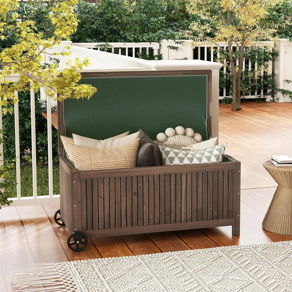 Baule da Giardino in Legno 213 L, Baule da Esterno con Ruote e Maniglie, Interna Resistente all'Acqua, Contenitore Salvaspazio da esterno armadio, 114 x 58,5 x 51 cm (Modello 4)
