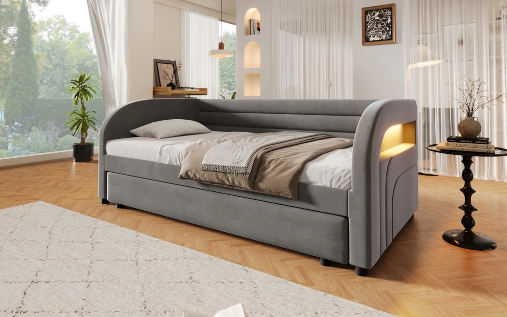 Letto piattaforma imbottito 90x200 cm con letto estraibile e illuminazione LED grigio