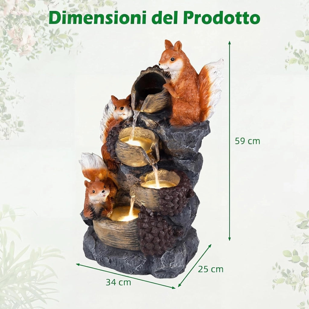 Fontana a Cascata, Fontana da Esterno ed Interno con 4 Luci LED e Flusso d'Acqua Rilassante, Fontana a Forma di Scoiattolo e Nocciola in Resina Selezionata, 34 x 25 x 59 cm