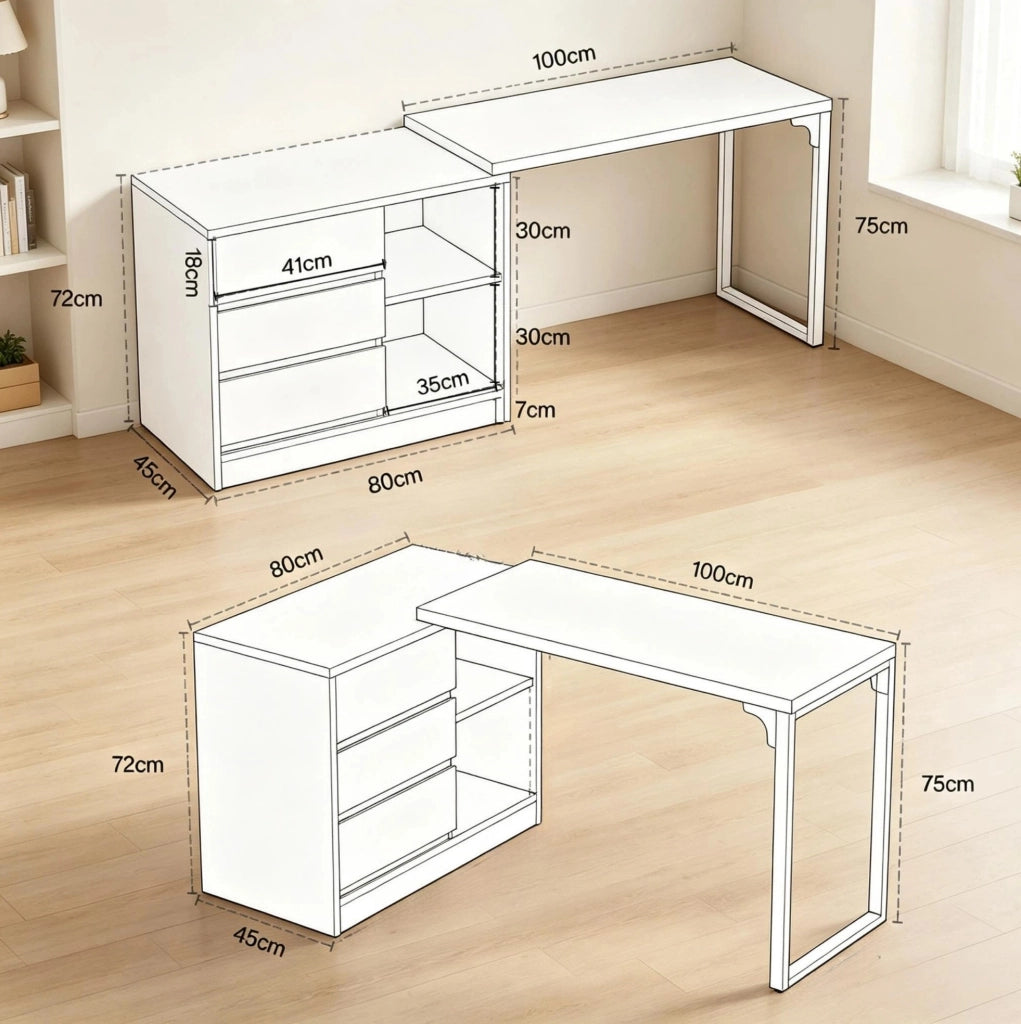 Scrivania angolare a L bianca con cassetti e ripiani, design moderno per ufficio e casa