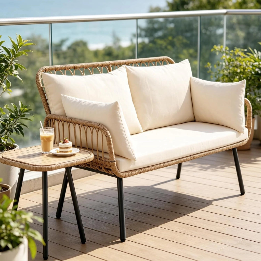 Divanetto da Giardino 2 Posti, Divano da Esterno in Rattan con Cuscini Morbidi e Piedini Regolabili, Portata 300 kg, Panca da Giardino per Terrazza e Bordo Piscina, 118 x 62 x 81 cm