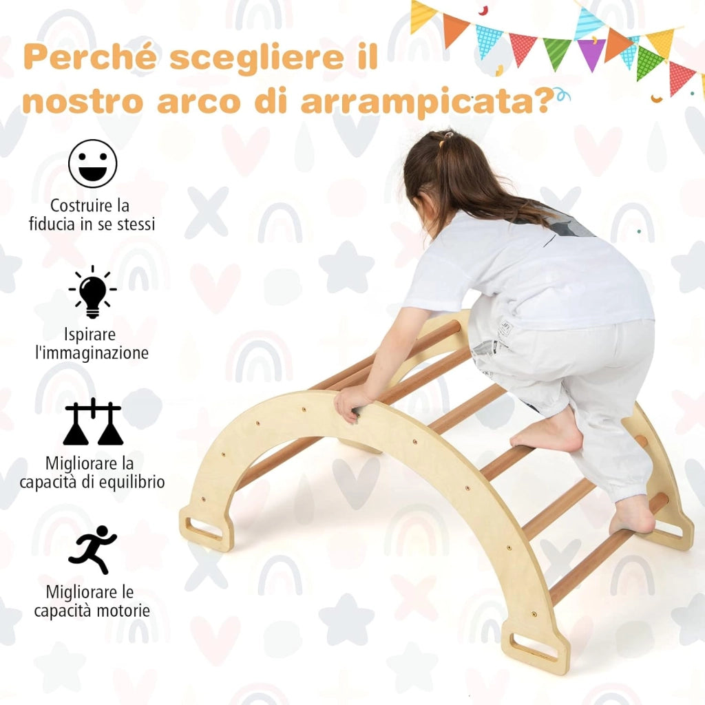 Arco da Arrampicata per Bambini, 2 in 1 Altalena ad Arco in Legno con Cuscino Morbido, Doppia Faccia, Ideale per Bambini 1+ Anni (Naturale)