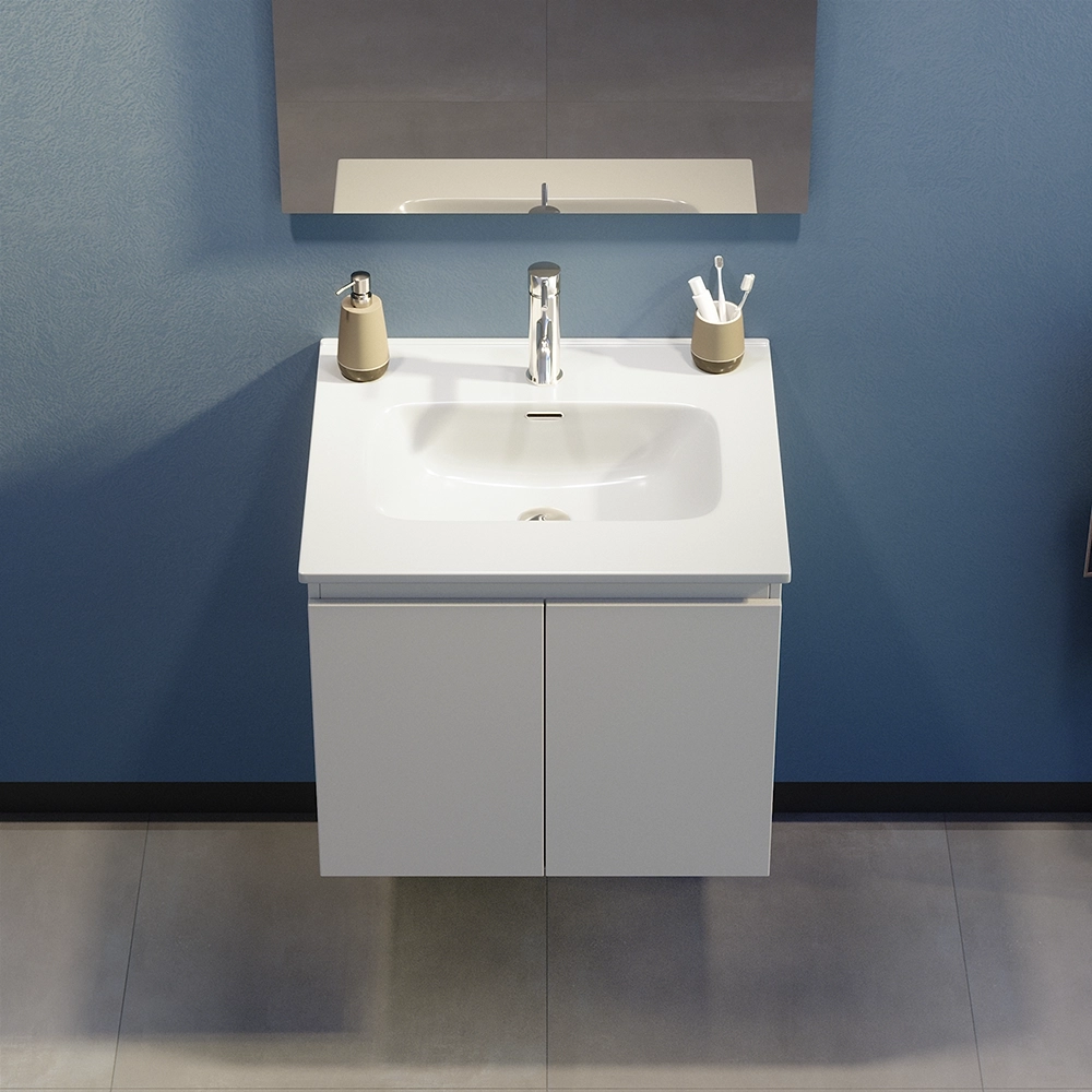 Mobile bagno sospeso 80 cm due ante bianco effetto legno lavabo e specchio | Yili