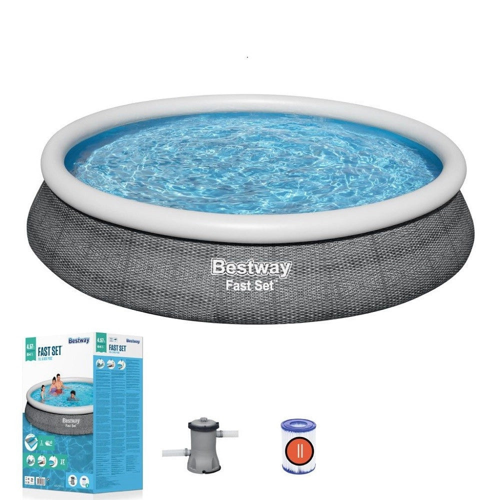 Trade Shop - Piscina Fast Set Gonfiabile Rotonda Rattan 457x84cm Pompa Filtro Cartuccia 57313 -
