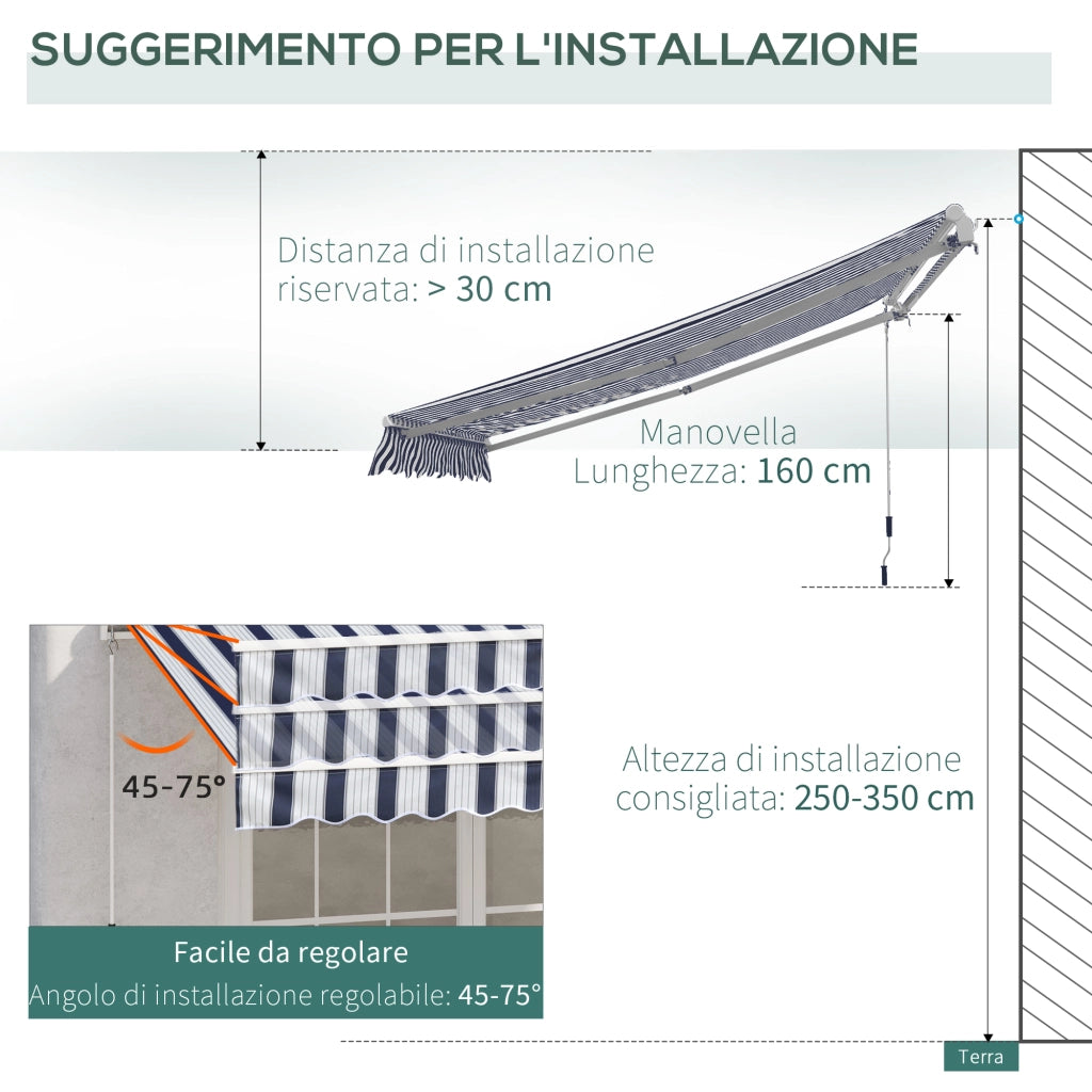 Easycomfort Tenda da Sole a Bracci per Esterno con Manovella, Metallo e Poliestere, 3x2.5m Blu e Bianco
