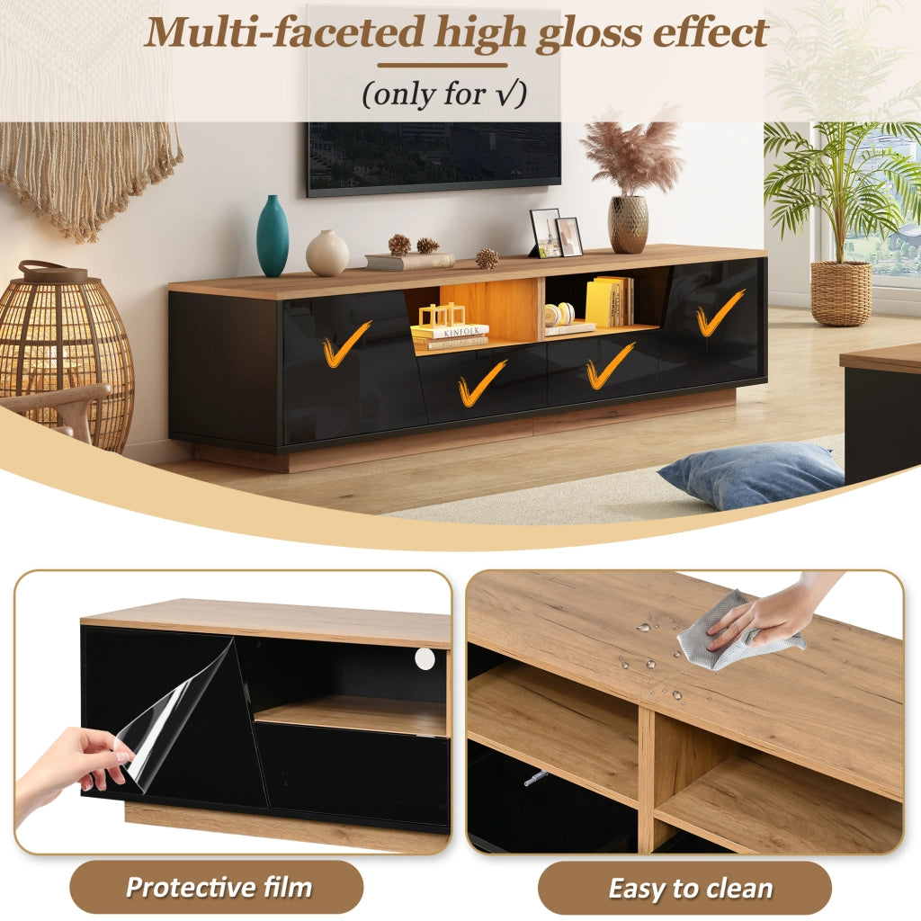 Mobile TV con LED controllabile da app 2 ante 2 cassetti frontale lucido nero e legno 180 × 40 × 46 cm